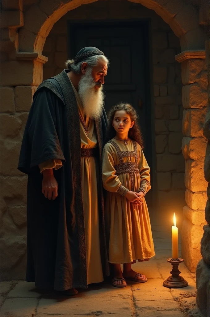 Rabi whit hes daugther in front of two oil candles in ancient time