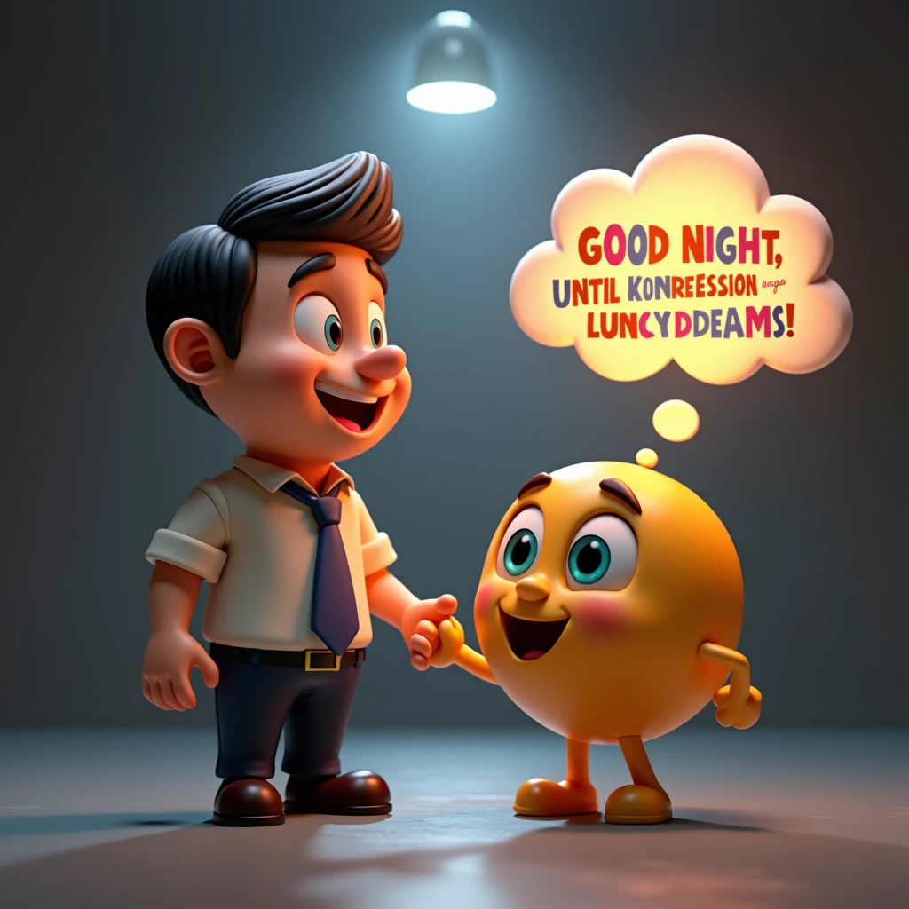 A delightful Disney Pixar-style 3D illustration featuring two emoticon characters shaking hands, each with big expressive blue and green eyes. The male character sports a well-dressed outfit and has a handshake gesture, while his thought bubble reads "Buenas Noches", "hasta mañana""Dulces Sueños" in vivid, multicolored fonts. The emoticon boasts a well-defined physique, with all three body parts clearly visible. The scene transitions into a in woman, transformation, with the characters making a dramatic entrance against a well-lit dark grey background, adding depth and visual intrigue. This cheerful, engaging artwork is perfect for high-quality digital media, capturing attention with its vibrant colors and captivating concept.