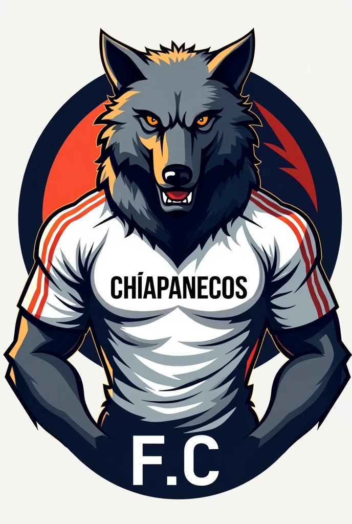 round logo for a professional team called chiapanecos F.C includes a wolf with a white shirt showing power and strength