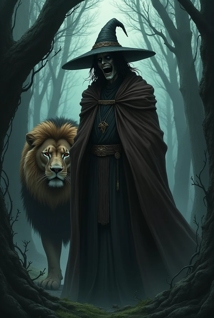 Adult male anime character with zamuray hat, brown robe, macabre laughter and a lion at his side in the forest