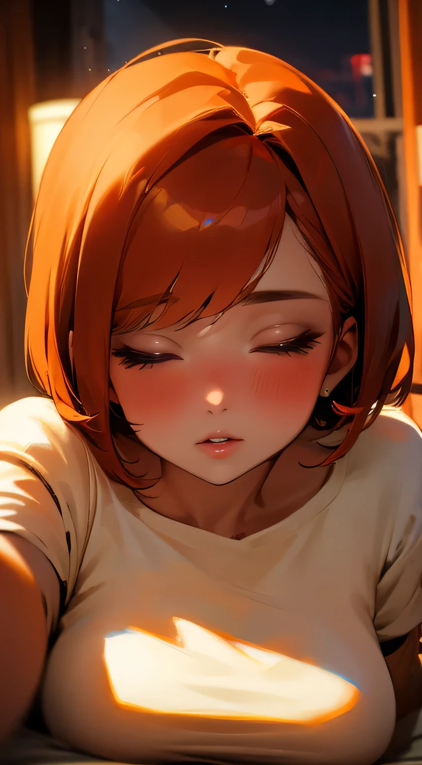 Amazing portrait of a woman who is 30 years old and an adult and a sexy woman with a beautiful face and a short bob hairstyle with her eyes closed and blushing intensely with her parted lips being desperate and flustered and lustful wearing an oversized off shoulder orange t shirt as she's laying on her bed during night time with soft lighting showcasing her red lips and her beautiful face in detail and close up