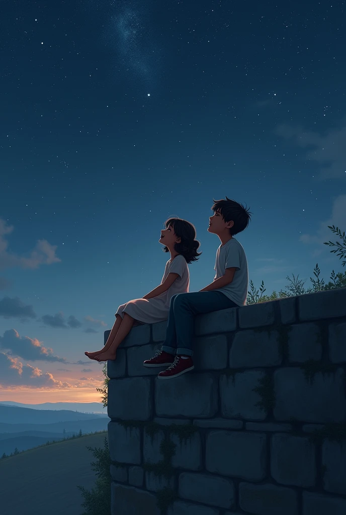 1girl and 1boy, on a high wall watching the stars, laughing together
