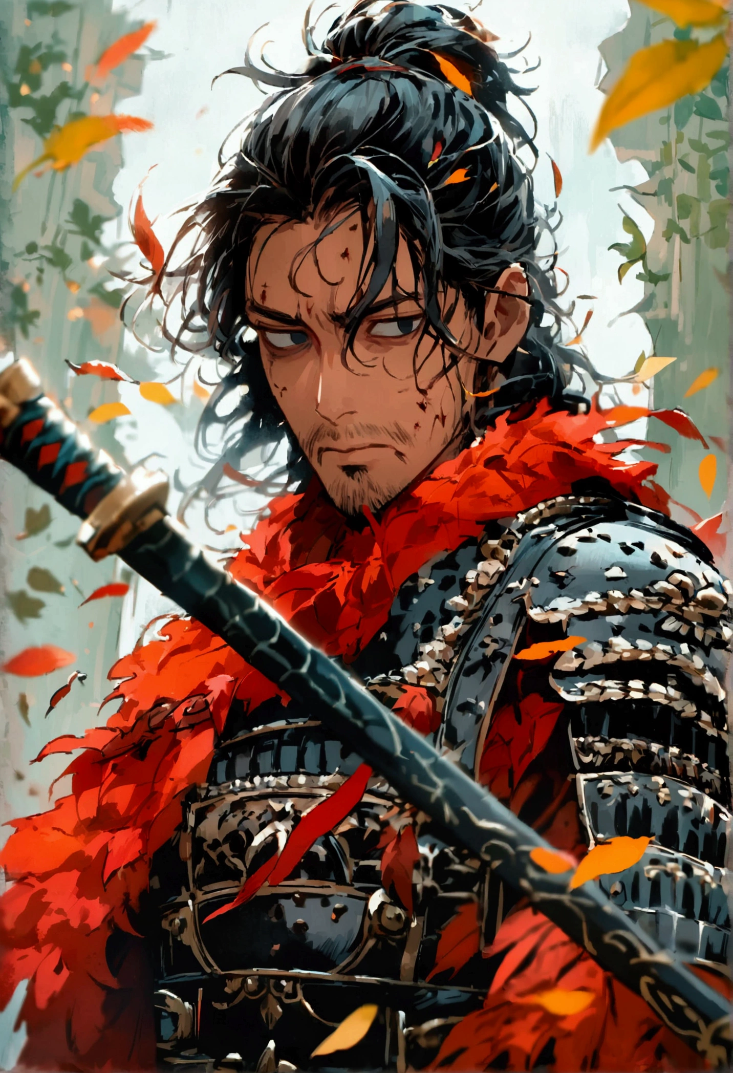 potrait intricate postures a samurai looks sad with a disappointed look on his face, his empty eyes look brooding, he is holding his katana, wearing black armor, cinematic, like in a movie, very detailed, low congtrast gray color, aura like full of disappointment, his face is full of wounds because he is ready from fighting who defeated his opponent, cinematic light from the side, sharp depth field towards his face. his body is full of wounds, leaves are flying with motion blur (i won but at what cost?)