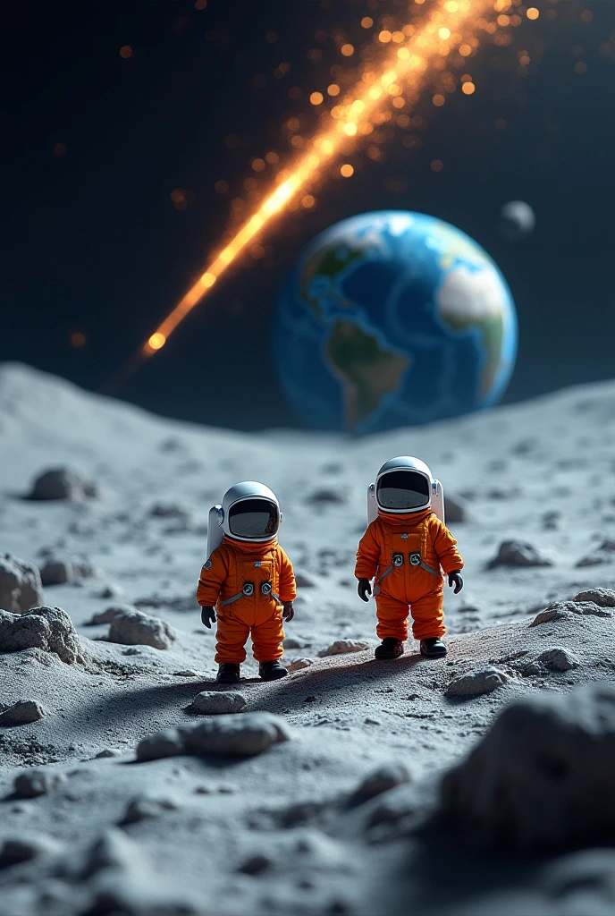 Lunar Surface,Ultra-realistic,high resolution,Space probe,遠くにLunar Surface探査員が2人,There is a blue globe in the background,Shooting stars are falling violently in the background,The shooting star shines golden,Lunar Surface探査員は小柄ふっくらLunar Surface調査員の服はオレンジ色