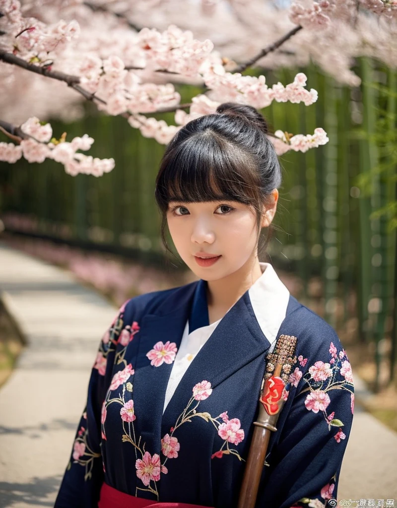 girl[Thai]Beautiful standing in the middle of the forest(The cherry blossom tree)In the thick fog, she wore an elaborate robe with embroidery inspired by nature. ((Turn your face slightly towards the camera.)) And hold(Bamboo walking stick) ผมยาวสีเข้มประดับด้วยกิ๊บติดผมอันประณีต ทอดยาวลงมาตามหลัง แสงอ่อนๆ ส่องผ่านThe cherry blossom tree สร้างบรรยากาศอันเงียบสงบและงดงาม