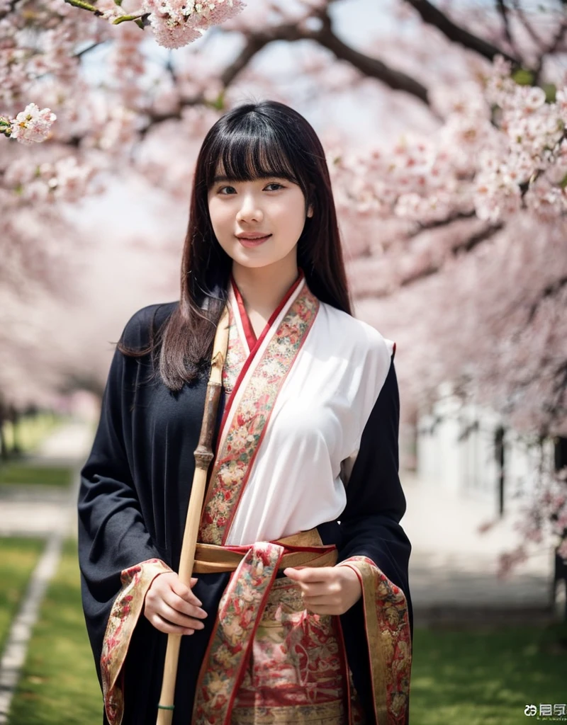 girl[Thai]Beautiful standing in the middle of the forest(The cherry blossom tree)In the thick fog, she wore an elaborate robe with embroidery inspired by nature. ((Turn your face slightly towards the camera.)) And hold(Bamboo walking stick) ผมยาวสีเข้มประดับด้วยกิ๊บติดผมอันประณีต ทอดยาวลงมาตามหลัง แสงอ่อนๆ ส่องผ่านThe cherry blossom tree สร้างบรรยากาศอันเงียบสงบและงดงาม