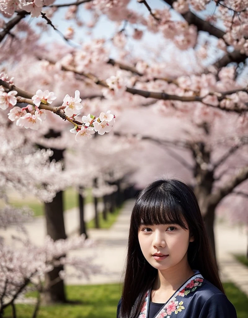 girl[Thai]Beautiful standing in the middle of the forest(The cherry blossom tree)In the thick fog, she wore an elaborate robe with embroidery inspired by nature. ((Turn your face slightly towards the camera.)) And hold(Bamboo walking stick) ผมยาวสีเข้มประดับด้วยกิ๊บติดผมอันประณีต ทอดยาวลงมาตามหลัง แสงอ่อนๆ ส่องผ่านThe cherry blossom tree สร้างบรรยากาศอันเงียบสงบและงดงาม