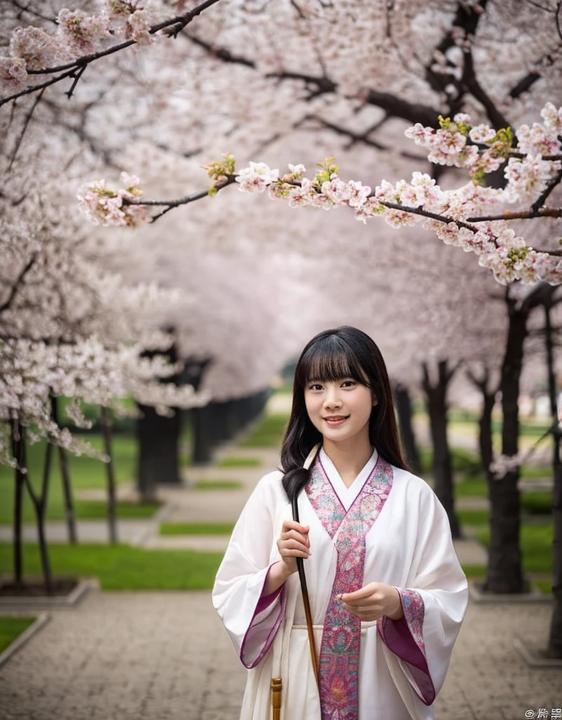 girl[Thai]Beautiful standing in the middle of the forest(The cherry blossom tree)In the thick fog, she wore an elaborate robe with embroidery inspired by nature. ((Turn your face slightly towards the camera.)) And hold(Bamboo walking stick) ผมยาวสีเข้มประดับด้วยกิ๊บติดผมอันประณีต ทอดยาวลงมาตามหลัง แสงอ่อนๆ ส่องผ่านThe cherry blossom tree สร้างบรรยากาศอันเงียบสงบและงดงาม