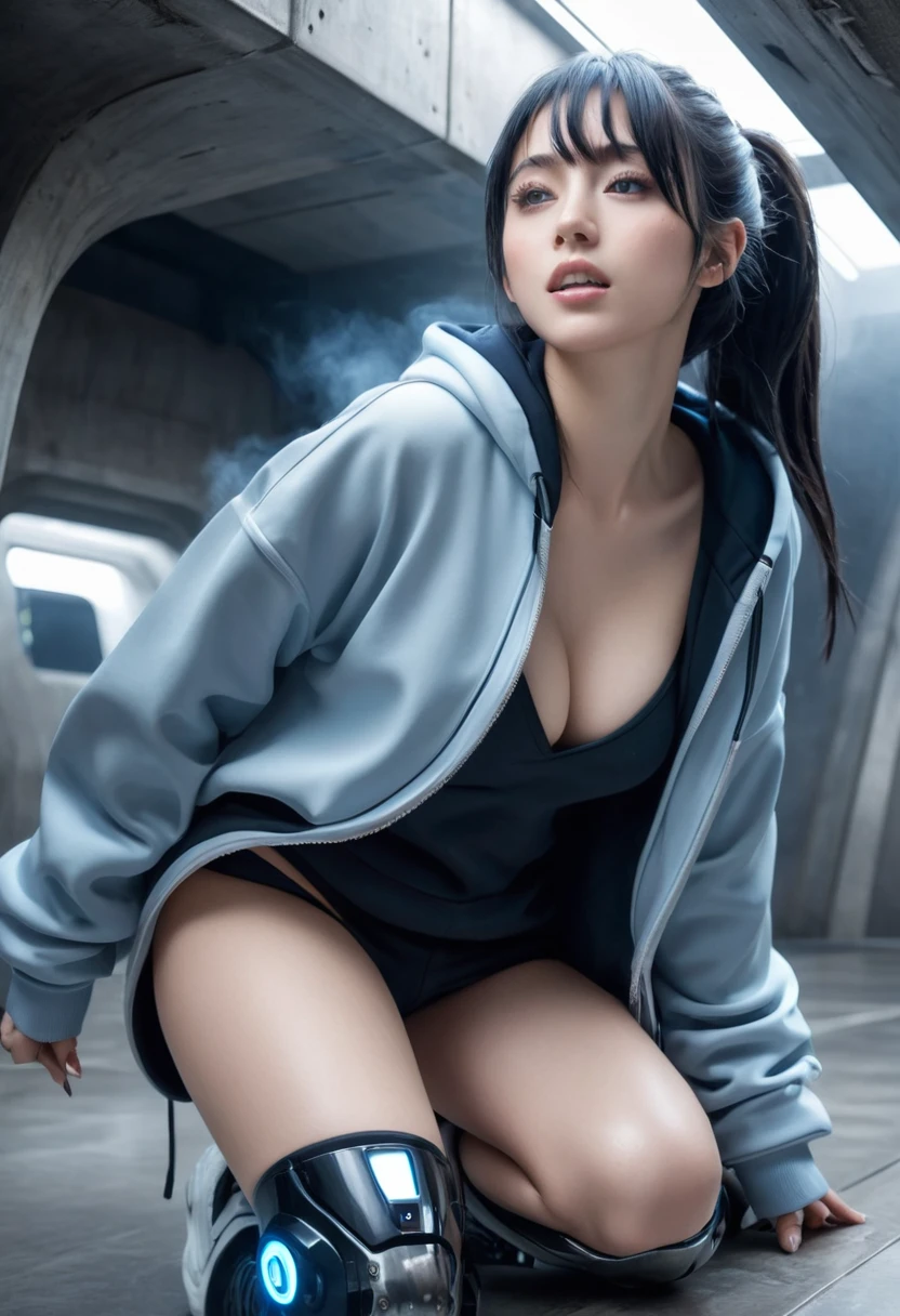 nsfw, (masterpiece, hyper Detailed, Best Quality, hyper Realistic, A mysterious and sophisticated beautiful young gravure Japanese woman:1.2) with blue eyes wears futuristic and sexy fashion art. sitting focus breasts,, from below, Detailed clothing butt, woman is climbing at a wide angle, with her full body in frame. large Butt, sexy large breasts, slim waist, Cyber punk taste fashion, Her outfit includes BLACK over sized Surface hoodie sweat, nothing shorts, adding a minimalist beauty. She accessorizes with futuristic accessories and technical sneakers. Her demeanor exudes harmony and striking simplicity, accentuating her curves and digging sensuously into her skin, hyper small head and face, Realistic face and skin, detailed wide and big Duck mouth, half open mouth, perfectly aligned teeth, perfect beautiful wide teeth, Detailed eyes, Light blue eyes, half open eyes, shiny Droopy eyes, gray hair, looking other, She is situated within the interior of a futuristic colony, with mist drifting and steam rising from concrete