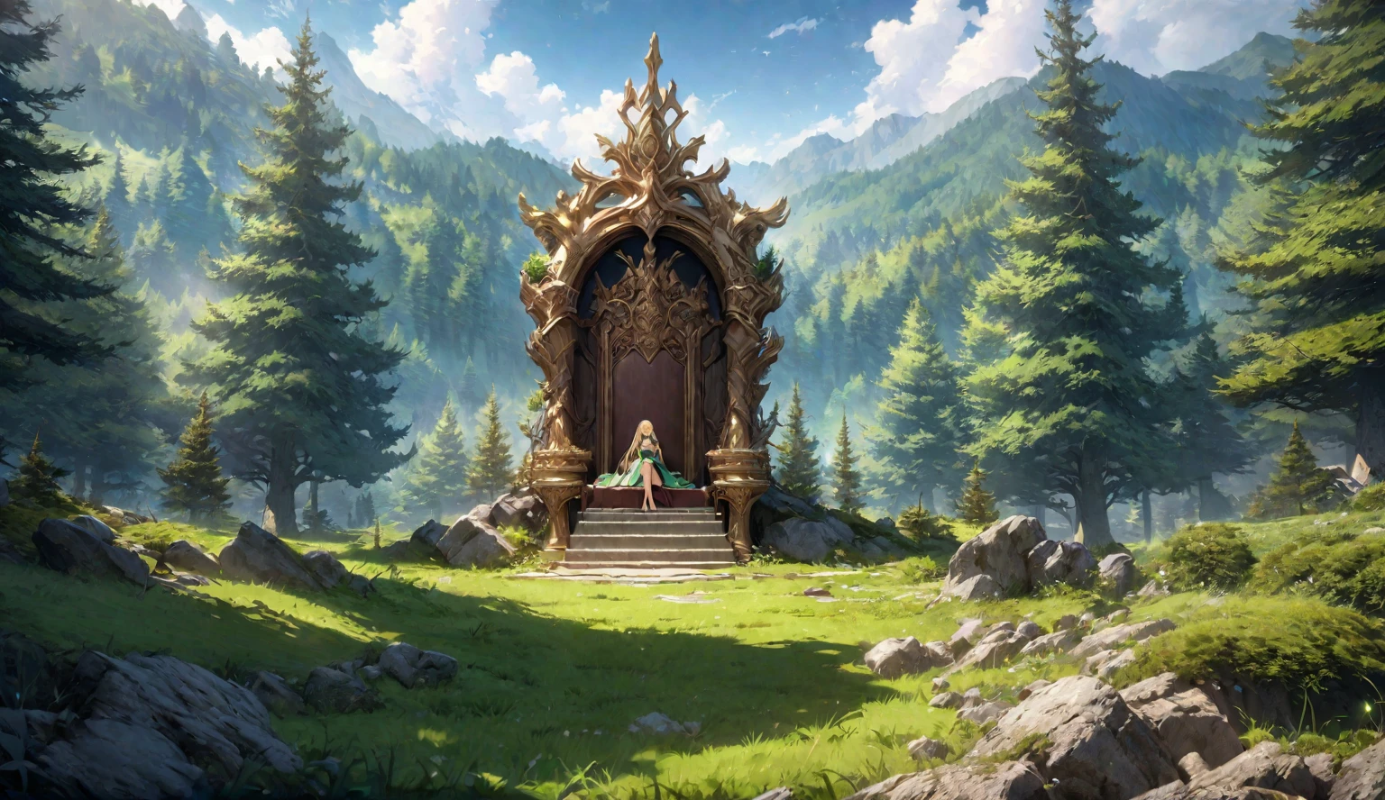 anime aestetics, anime scenery, green forest, throne made of wood, elf woman sitting on the throne, beautiful slim face, elven ears, long blonde hair, braid haircut, beautiful bright green dress, wearing golden tiara, bright day, landscape scenery, oak trees and pine trees on the background, wide shot, view from left, atmospheric perspective,4k, best quality, super detailed, (masterpiece: 1.5), 16k