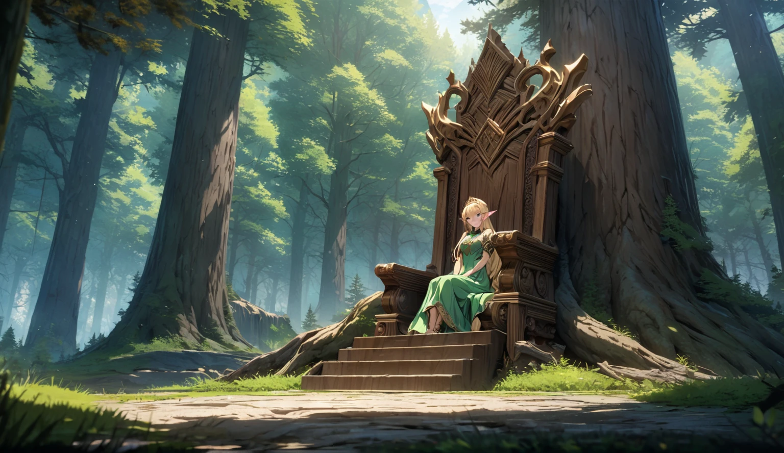 anime aestetics, anime scenery, green forest, throne made of wood, elf woman sitting on the throne, beautiful slim face, elven ears, long blonde hair, braid haircut, beautiful bright green dress, wearing golden tiara, bright day, landscape scenery, oak trees and pine trees on the background, wide shot, view from left, atmospheric perspective,4k, best quality, super detailed, (masterpiece: 1.5), 16k