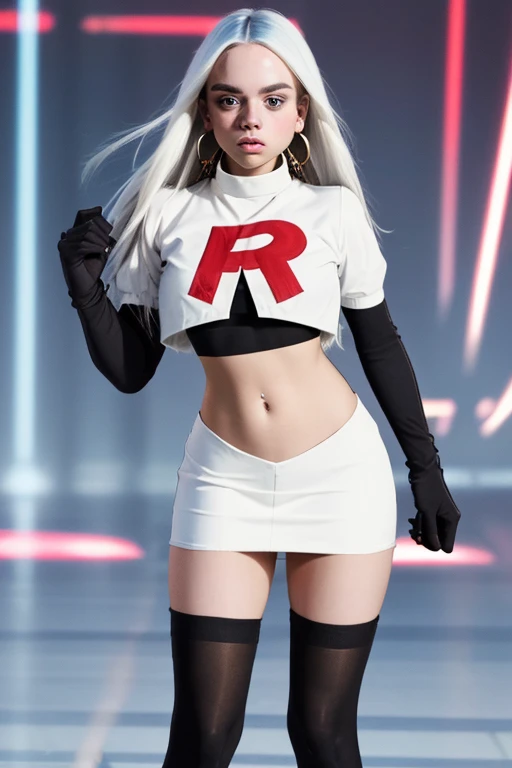 The face of billie eilish, 1girl, solo, team rocket,team rocket uniform,white skirt,red letter R,crop top,black thigh-highs,black elbow gloves, earrings, large breasts,