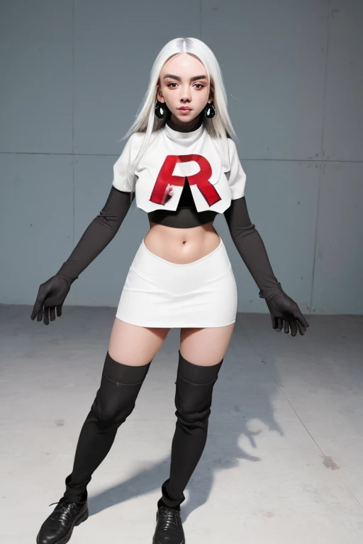The face of billie eilish, 1girl, solo, team rocket,team rocket uniform,white skirt,red letter R,crop top,black thigh-highs,black elbow gloves, earrings, large breasts,