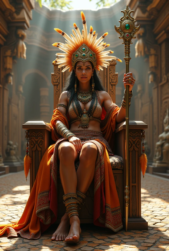The regal Queen of an ancient tribe, adorned in a headdress of vibrant feathers and intricate beadwork, sitting atop a throne crafted from the finest wood and embellished with gold and precious gems. Her commanding gaze meets the viewer as she gracefully extends her hand, adorned with elaborate rings, to touch the gleaming emerald-studded scepter that symbolizes her power. The Queen's garments are a harmonious blend of rich textures and earthy tones, reflecting the tribe's deep connection to the natural world. The background is a majestic tribal chamber, with carvings on the walls depicting scenes of war and peace, ancestral spirits, and mythical creatures, all contributing to the sense of history and tradition that envelops the space. The floor is a mosaic of colorful stones, forming a pattern that leads the eye to the throne, which is elevated on a platform of polished wood. Beams of soft, warm light filter through the canopy above, casting dappled shadows that dance across the Queen's strong, dignified features. Her throne room is a testament to the tribe's prosperity and artistic prowess, with ornate tapestries, exotic animal furs, and ceremonial weapons displayed proudly around her. The Queen's presence is one of quiet authority and unyielding strength, a beacon of wisdom and protection for her people.