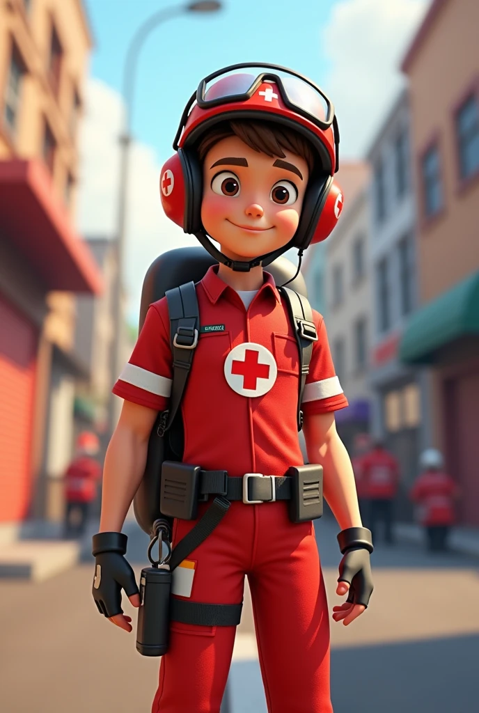 Make me a young male animated character wearing a red cross volunteer uniform complete with helmet and stretcher