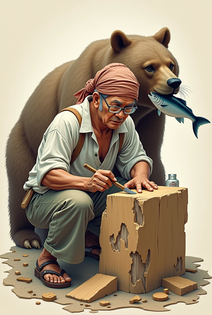 The old sculptor. Japanese, Traditional Craftsmen, White rough shirt, Rough cotton trousers, nervous face, Glasses that are about to fall off, A head towel wrapped like a pirate, concentrated, Carving work, holding a carving tool in his hand, Carving a crumbling block of wood, Roughly carved block of wood, (A big bear walks up behind me, Walking with a salmon in his mouth)