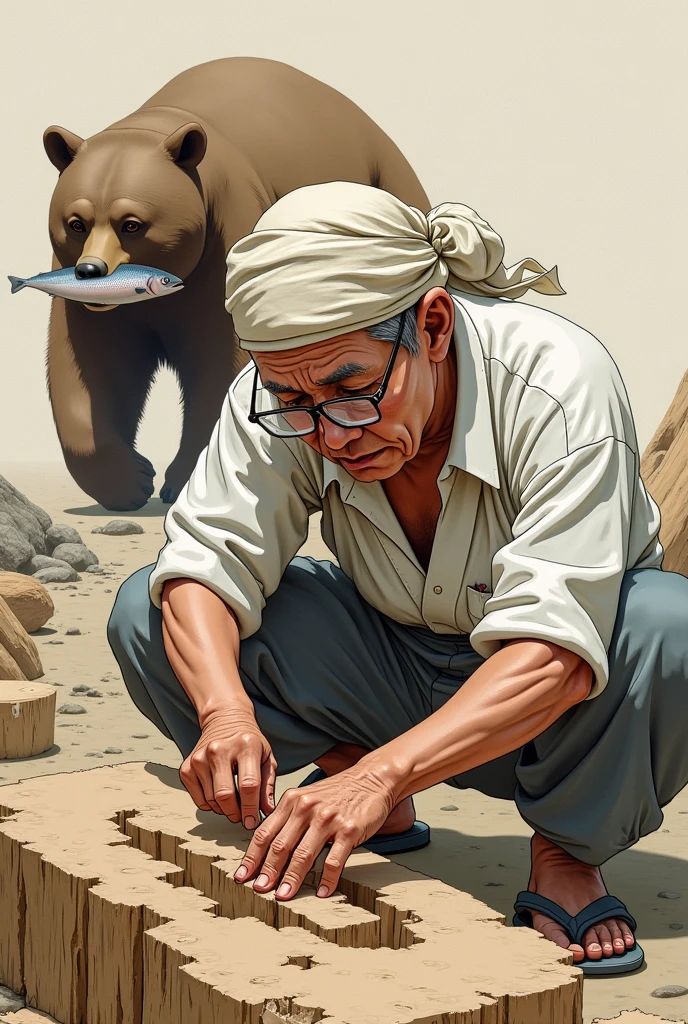 The old sculptor. Japanese, Traditional Craftsmen, White rough shirt, Rough cotton trousers, nervous face, Glasses that are about to fall off, A head towel wrapped like a pirate, concentrated, Carving work, holding a carving tool in his hand, Carving a crumbling block of wood, Roughly carved block of wood, (A big bear walks up behind me, Walking with a salmon in his mouth)