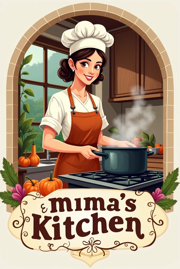 Commercial logo of mom cooking with the phrase "mom&#39;s kitchen" in Spanish 