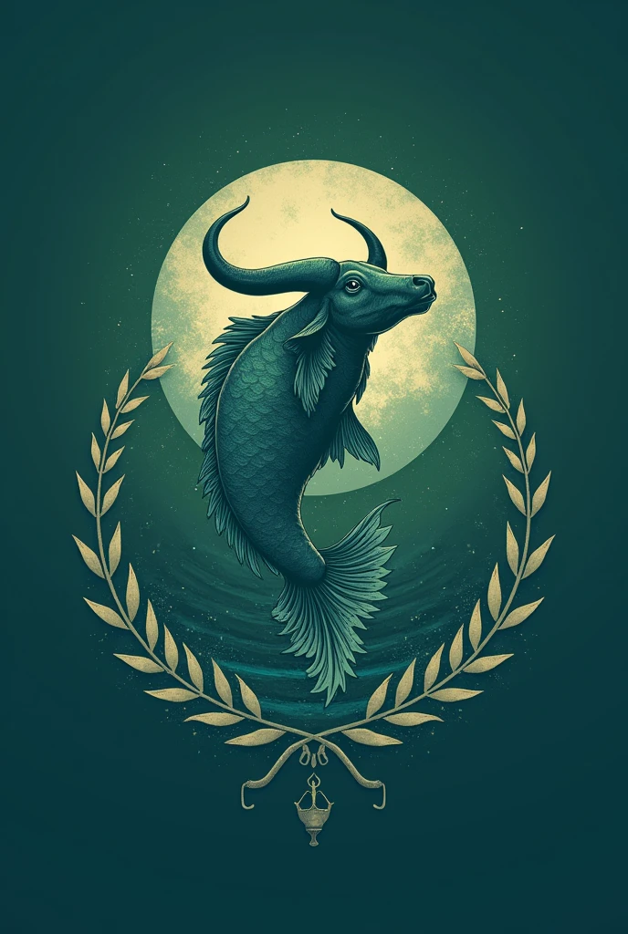 Design a logo featuring a unique combination of a fish and a water buffalo, adorned with a torch and laurel elements. Incorporate shades of green and blue to convey a sense of harmony and tranquility. Be creative and innovative in showcasing the fusion of these symbols to symbolize strength, power, and growth. make it color green and blue and remove background