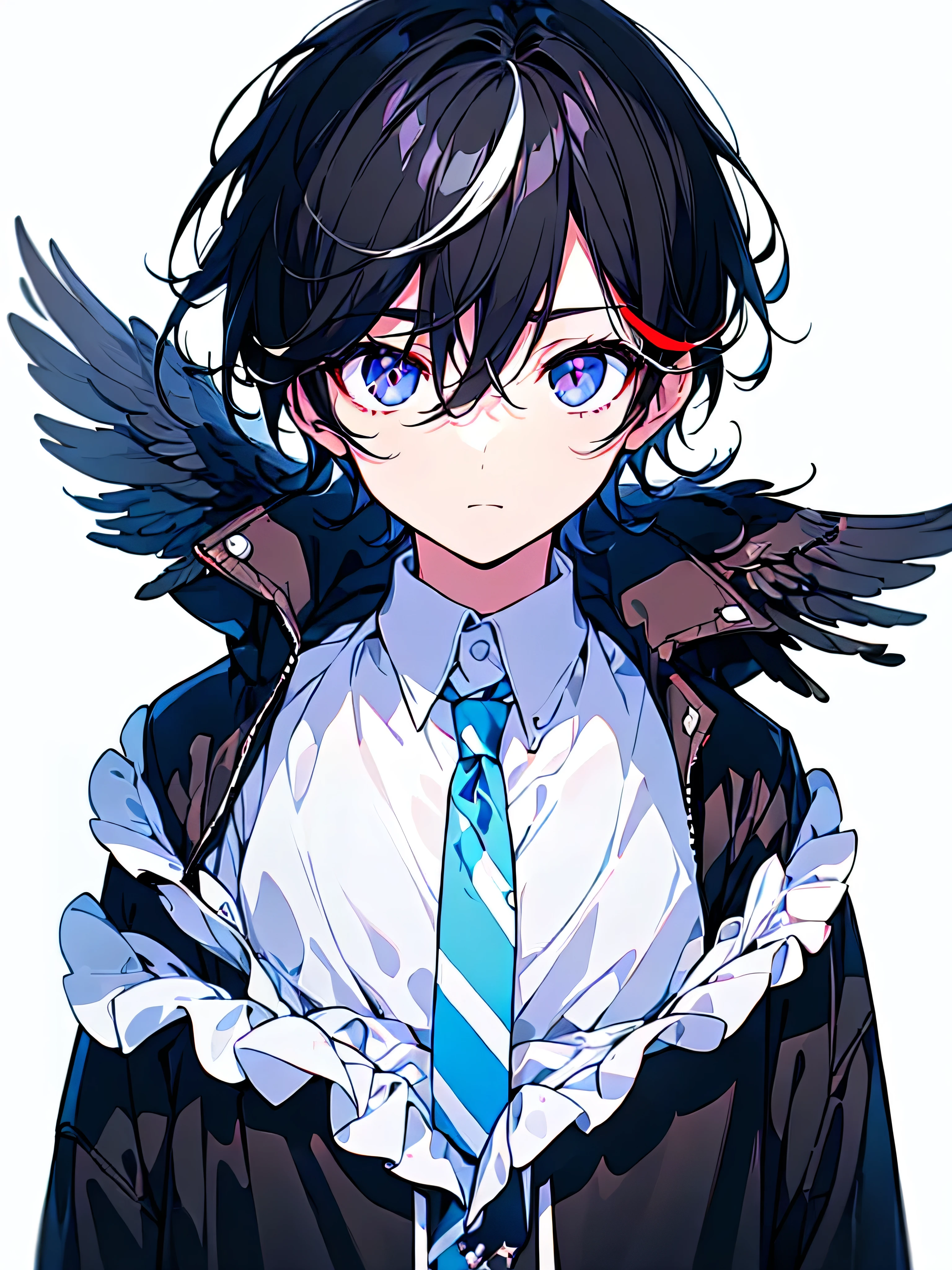 [(WHITE BACKGROUND:1.5),::5], ((((masterpiece)))), high quality, ultra very high resolution, full color, (((solo))), (()), Black hair, ((White streaked hair)), (Black eyes), anime, ((upper body)), black parka, 