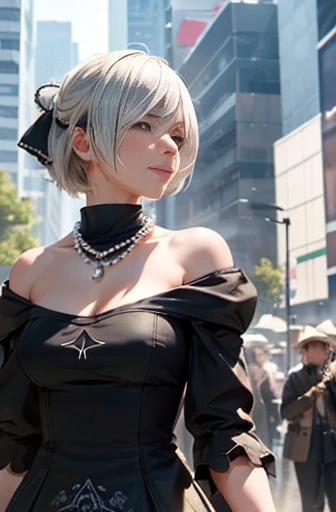 8k, ultra realistic, masterpiece, best quality, ultra detailed, beautiful face, beautiful skin, photorealistic, (professional lighting:1.2), nier_automata, 2B, light smile, pearl necklace, looking at viewer, cowboy shot, focus on face, ultra sharp, on street in business district, ultra detailed photo background, (((with the crowd)))