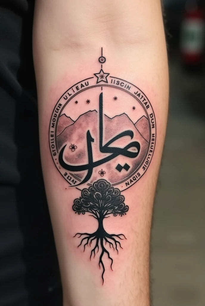 Tattoo Description:
Arabic calligraphy: the word "origin" ou "Family" in Arabic calligraphy, elegantly written in the center of the design. Ao redor dela, important names from your family tree could be included, like Nader, Council, in Attiyah, forming a circle or spiral to symbolize continuity and family connection.
Houran Mountains: A representation of the Houran Mountains in the background, stylized in soft, flowing lines, to give an artistic touch to the scene, destacando as raízes geográficas da sua Family.
Traditional Symbols: Incorporate an eight-pointed star and swirls that intertwine around the design, as a natural frame, symbolizing the richness of Arab culture and artistic tradition.
Simplified Family Tree: Place a stylized tree at the bottom of the design, with branches rising towards the top of the tattoo. The roots of the tree can blend with the calligraphy and symbols, representing the link between the past and the present.
Symbol of Unity and Strength: Include a small Lebanese cedar next to the family tree or in the mountains, to strengthen the connection with Lebanon.
Style and Size: I chose a style that mixes the traditional with the contemporary, using clean lines and details that don't overwhelm the design. As for the size, This design can be adapted to cover a larger area, like the arm or shoulder, but can also be reduced to fit on the forearm or back.