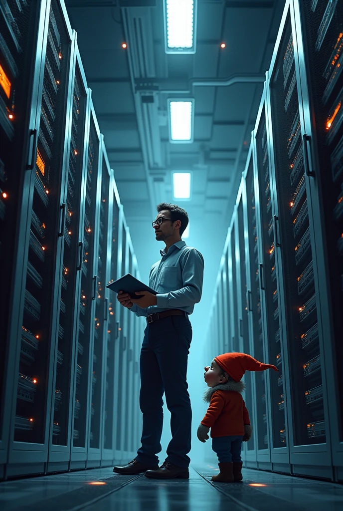 Man inside a data center with a dwarf
