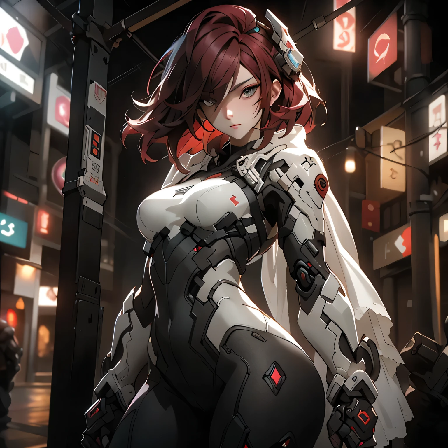 ((best quality)), ((Masterpiece)), (details:1.4), 3d, Image of a beautiful cyberpunk woman., HDR (high dynamic range), mature woman, Hips up, Curtain Bangs, Red hair, white eyes, battle suit, intricate mechanical techwear armor, PBR surface, After processing, Anisotropic filtration,depth of field, Maximum clarity and clarity, multi-layered surface, perfect proportions, 8K raw files, cyberpunk, at night, ผมหลายชั้น, กระโปรงสั้น, natural lighting, soft lighting, sunlight, หน้าอกใหญ่,