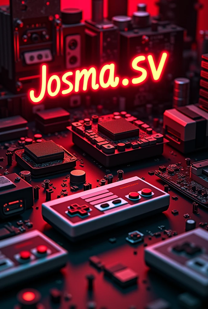YouTube cover with name josma.sv with red and black background with background of computers and PlayStation nes controls
