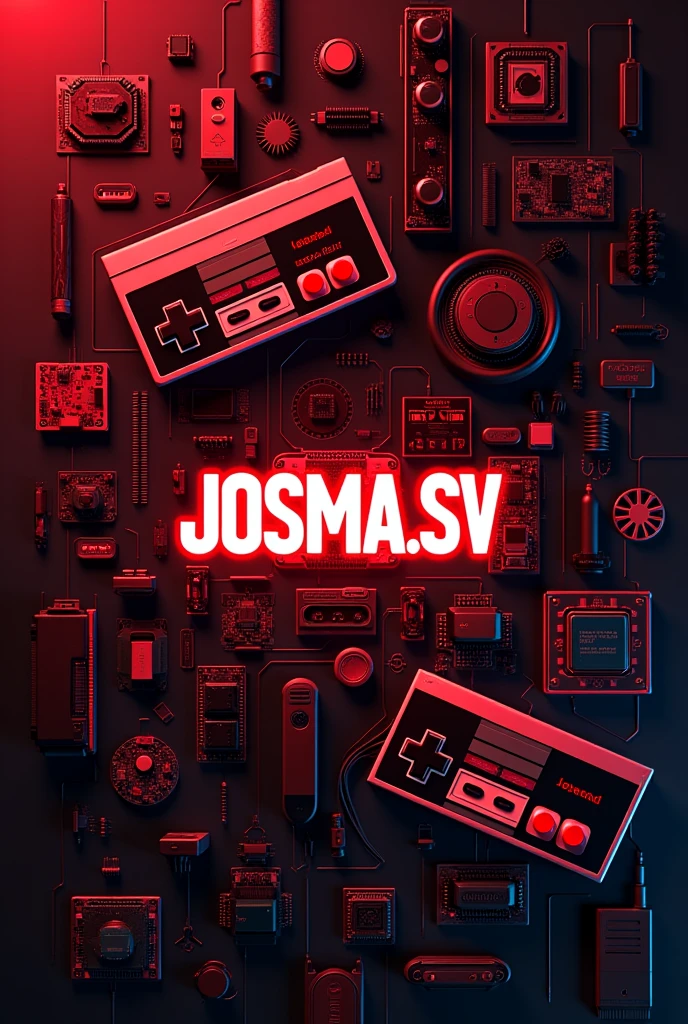 YouTube cover with name josma.sv with red and black background with background of computers and PlayStation nes controls