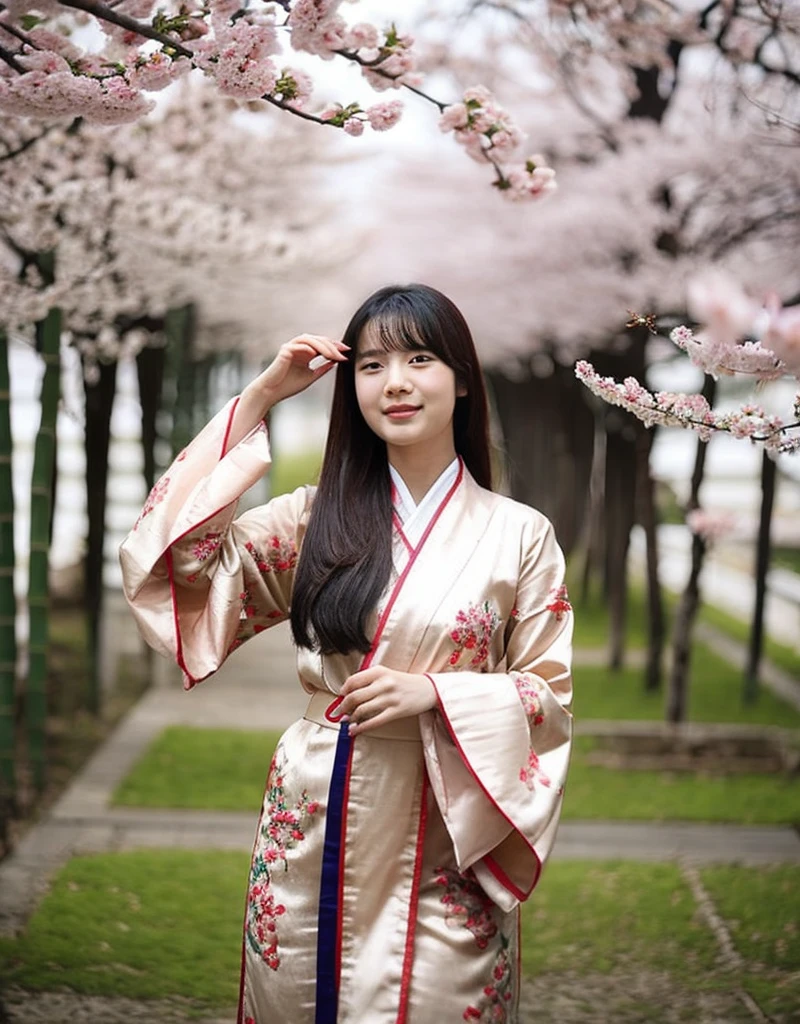 girl[Thai]Beautiful standing in the middle of the forest(The cherry blossom tree)In the thick fog, she wore an elaborate robe with embroidery inspired by nature. ((Turn your face slightly towards the camera.)) And hold(Bamboo walking stick) ผมยาวสีเข้มประดับด้วยกิ๊บติดผมอันประณีต ทอดยาวลงมาตามหลัง แสงอ่อนๆ ส่องผ่านThe cherry blossom tree สร้างบรรยากาศอันเงียบสงบและงดงาม