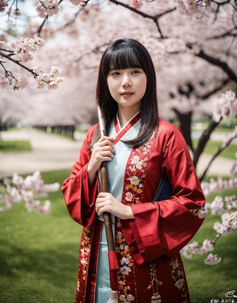 girl[Thai]Beautiful standing in the middle of the forest(The cherry blossom tree)In the thick fog, she wore an elaborate robe with embroidery inspired by nature. ((Turn your face slightly towards the camera.)) And hold(Bamboo walking stick) ผมยาวสีเข้มประดับด้วยกิ๊บติดผมอันประณีต ทอดยาวลงมาตามหลัง แสงอ่อนๆ ส่องผ่านThe cherry blossom tree สร้างบรรยากาศอันเงียบสงบและงดงาม