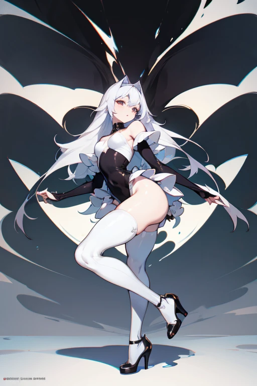 thick hips, thick thighs, platform heels, tigh dress, small breast, thin waist, straight hair, pale skin, thick body, tight stockings,
