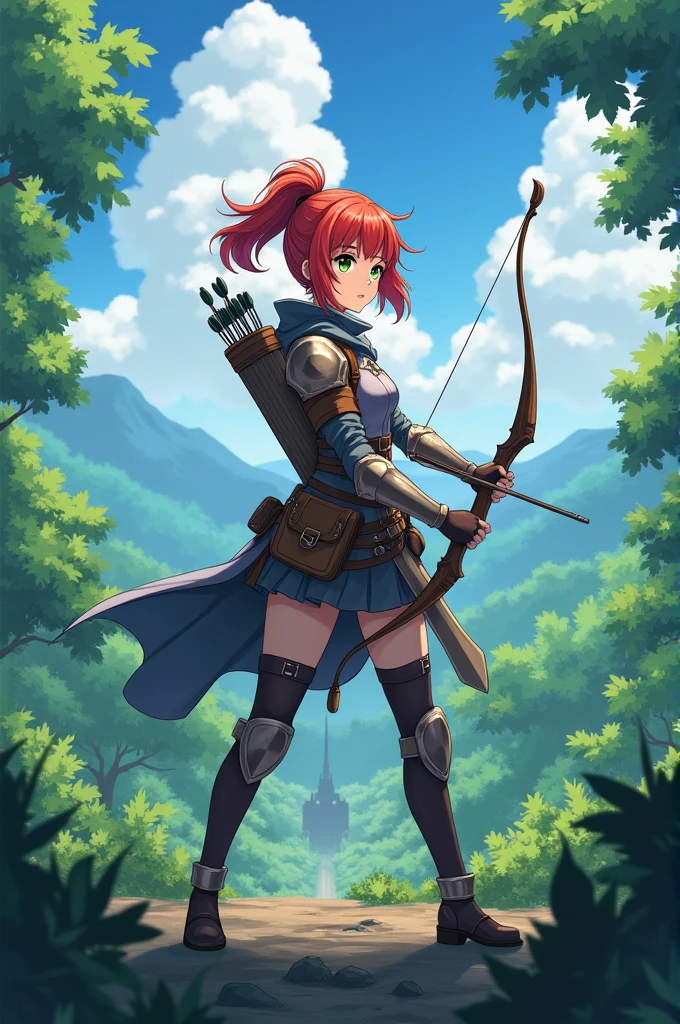 4K anime style quality, digital drawing mode, adventure-themed anime female character, mid-length red hair tied into a practical ponytail, sharp green eyes, wearing light armor with a quiver full of arrows on her back and a bow in hand, standing on the edge of a dense forest with a distant fortress in view, radiant skin, confident and focused expression, full body, dynamic pose, life size, perfect anatomy, detailed skin texture, full HD, 4K, HDR, perfect anatomy, depth of field.