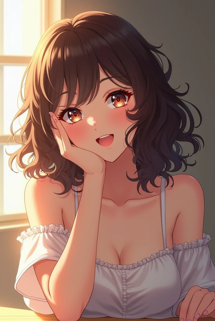 anime girl, sitting, face resting on only one hand, anime artstyle, curly hair, realistic, morning lighting, fluffy hair, happy expression, seductive look, posing for camera, magazine cover, vogue, album cover, clean, simple, portrait shot, one hand on face