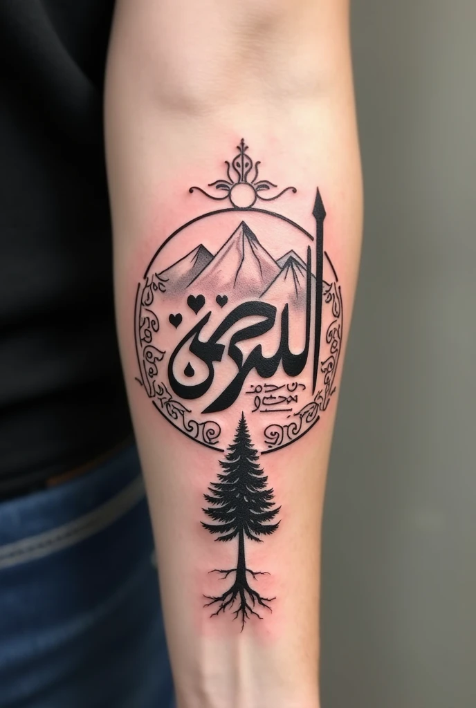 Tattoo Description:

Arabic calligraphy: the word "origin" ou "Family" in Arabic calligraphy, elegantly written in the center of the design. Ao redor dela, important names from your family tree could be included, like Nader, Council, in Attiyah, forming a circle or spiral to symbolize continuity and family connection.

Houran Mountains: A representation of the Houran Mountains in the background, stylized in soft, flowing lines, to give an artistic touch to the scene, destacando as raízes geográficas da sua Family.

Traditional Symbols: Incorporate an eight-pointed star and swirls that intertwine around the design, as a natural frame, symbolizing the richness of Arab culture and artistic tradition.

Simplified Family Tree: Place a stylized tree at the bottom of the design, with branches rising towards the top of the tattoo. The roots of the tree can blend with the calligraphy and symbols, representing the link between the past and the present.

Symbol of Unity and Strength: Include a small Lebanese cedar next to the family tree or in the mountains, to strengthen the connection with Lebanon.

Style and Size: I chose a style that mixes the traditional with the contemporary, using clean lines and details that don&#39;t overwhelm the design. As for the size, This design can be adapted to cover a larger area, like the arm or shoulder, but can also be reduced to fit on the forearm or back.