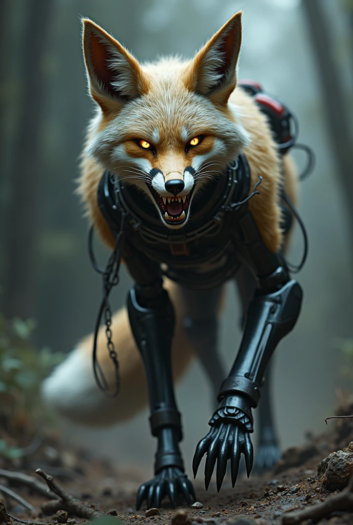 a cyborg and furry fox horror