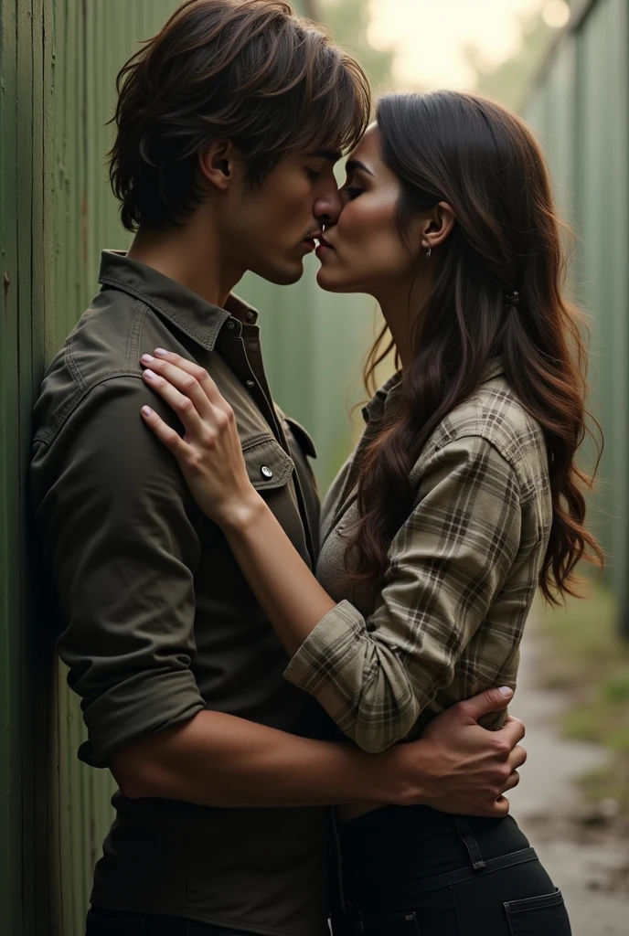 Carl Grimes kissing Lili Collins, who wears a plaid shirt and black pants 