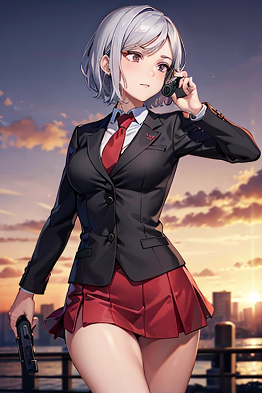 Highest quality、Ultra HD、One Woman、(Silver short hair)、(Red blazer 1.3)、(Red tie)、(shirt)、(Red Heel 1.1)、((Red Mini Tight Skirt))、((Black tights 1.2))、((Shooting with a gun in each hand.5))、Stylish、Beautiful Faces、(Black belt 1.2)、2 female、Glamorous Body、(Sunset city background 1.2)、((A clear and beautiful touch))