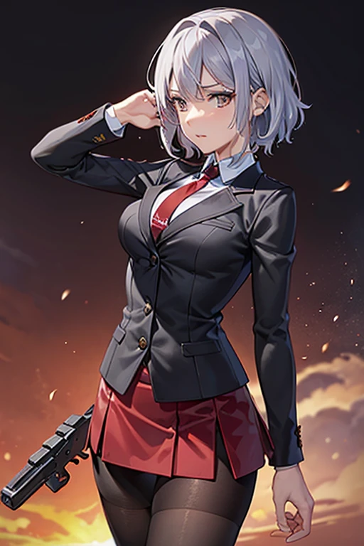 Highest quality、Ultra HD、One Woman、(Silver short hair)、(Red blazer 1.3)、(Red tie)、(shirt)、(Red Heel 1.1)、((Red Mini Tight Skirt))、((Black tights 1.2))、((Shooting with a gun in each hand.5))、Stylish、Beautiful Faces、(Black belt 1.2)、2 female、Glamorous Body、(Sunset city background 1.2)、((A clear and beautiful touch))