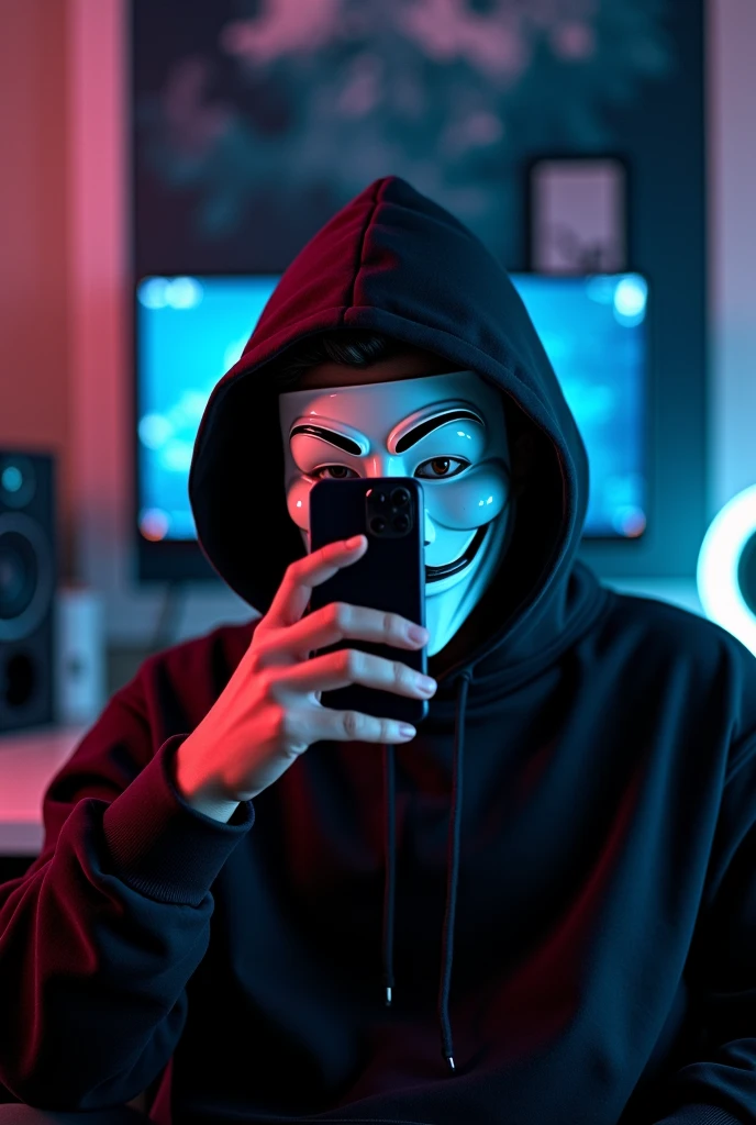 ((best quality)), ((masterpiece)), (detailed), a boy holding IPhone pro max, mirror selfie, wearing Guy Fawkes mask, wearing black hoodie.indian style.indoors.gamingroom.with gaming PC. 