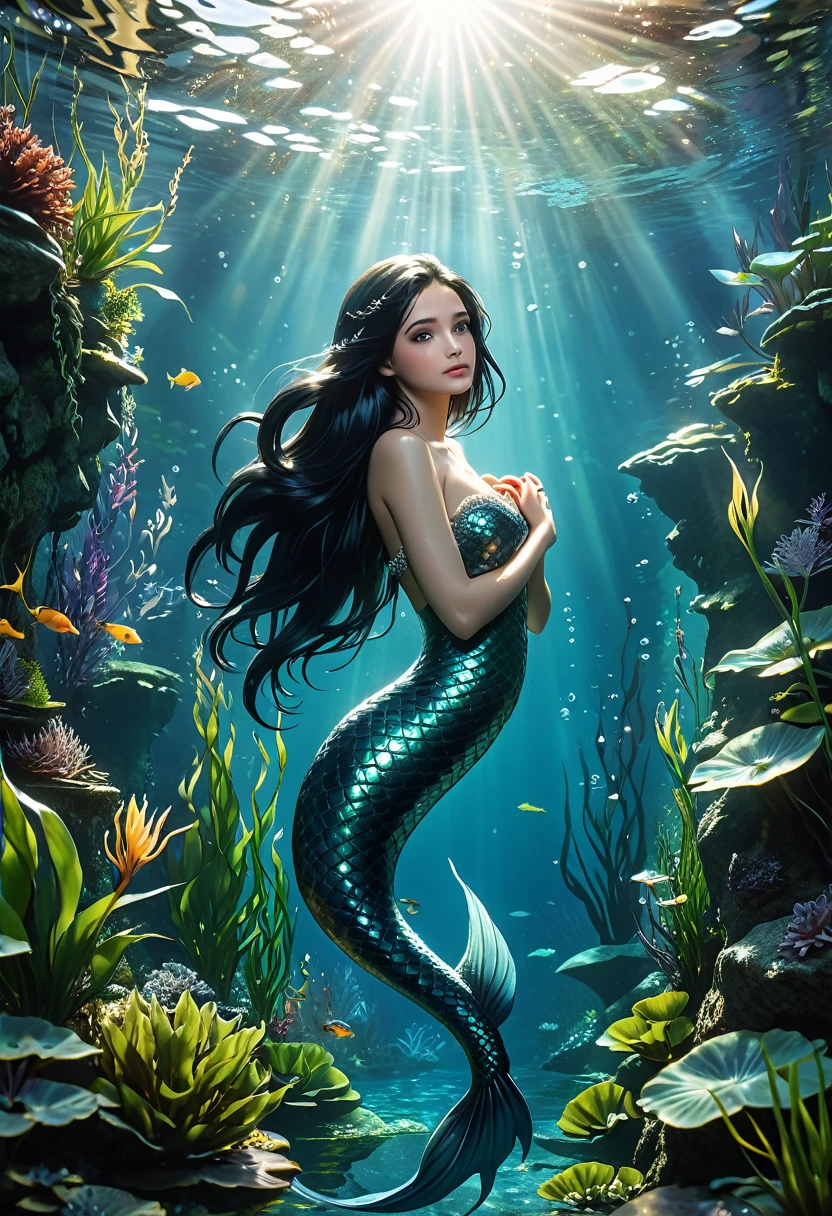 a beautiful mermaid with long black hair,fair skin,long gray fish tail,cold gaze,crystal clear water,submerged aquatic plants,sunlight illuminates the water and mermaid,film photography,mystical atmosphere,(best quality,8k,highres,masterpiece:1.2),ultra-detailed,(realistic,photorealistic,photo-realistic:1.37),portrait,fantasy,dramatic lighting,cinematic,moody