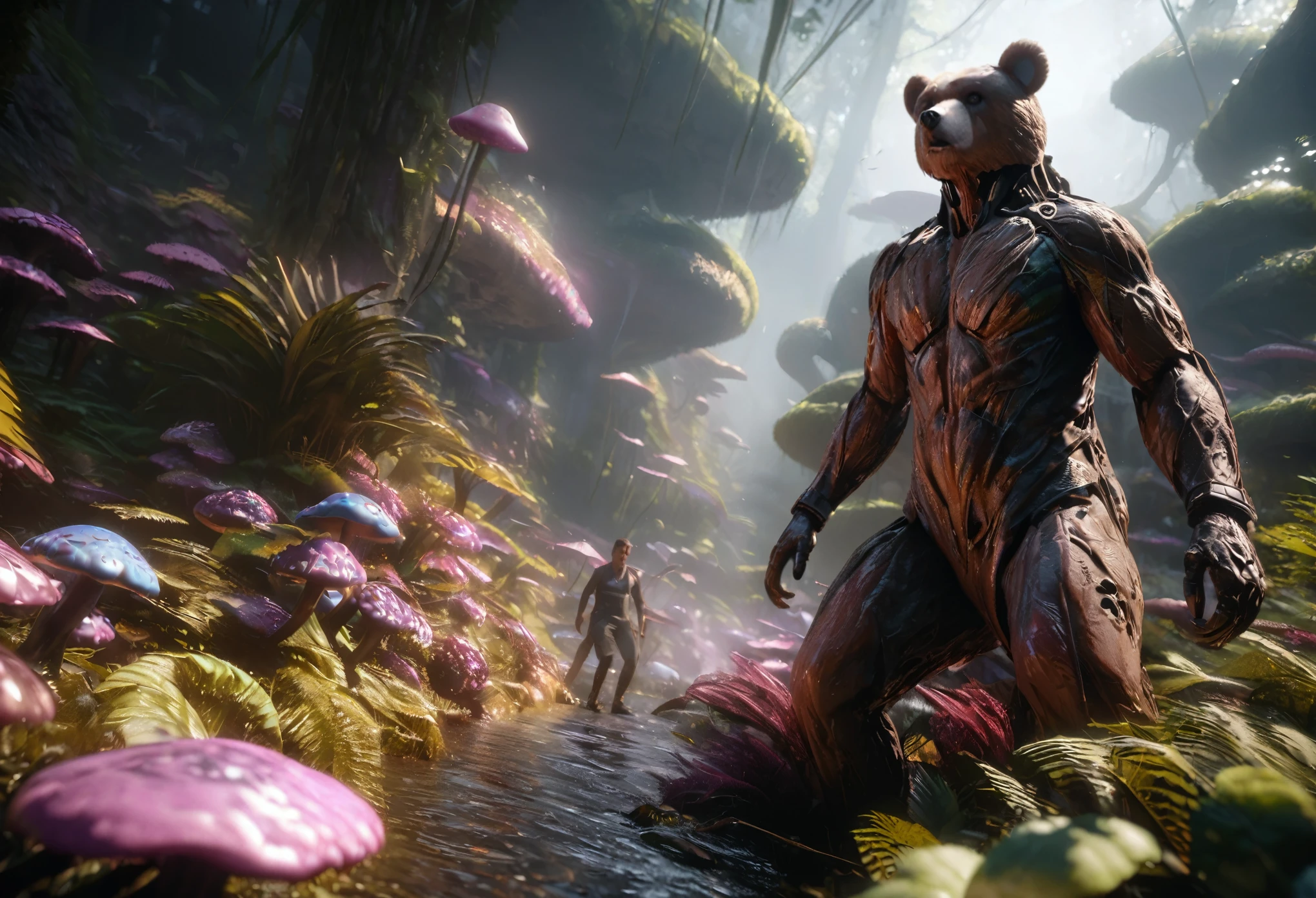 a robotic brown bear, catching alien tentacle salmon, alien forest, hyperrealistic, 8k, highres, detailed, photorealistic, cinematic lighting, moody atmosphere, dramatic composition, vibrant colors, dynamic movement, intricate textures, advanced 3D rendering, volumetric fog, lush foliage, glowing mushrooms, surreal landscape, alien flora and fauna, intricate details, dramatic lighting, vibrant colors, cinematic framing, masterpiece