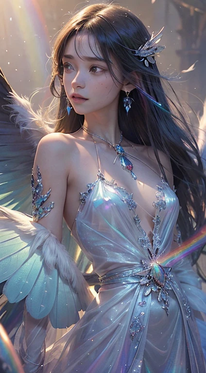 (((masterpiece))), (((best quality))), ((ultra-detailed)),(highly detailed CG illustration), ((an extremely delicate and beautiful)),cinematic light, Create a stunning fantasy artwork that mimics the style of currently trending masters of the genre. The art piece should contain elements of both mythic fantasy and fairytale fantasy with dreamy rainbow accents. ((Utilize the rainbow as the main color scheme.)) The character in the artwork is a delicate but strong figure with an aura of mystery and magic and (beautiful translucent rainbow wings). Pay close attention to intricate facial features, such as mesmerizing eyes with vibrant colors and bold shading. The character's clothing should be designed with gossamer feathers, silk, stunning embroidery, and subtle iridescent details. Incorporate (((translucent rainbows))), dreamy colors, dynamic lighting, and detailed background elements to create a sense of awe and immersion. Include colorful flying magical birds and jewel-toned rainbow butterflies radiating a magical aura. Consider the latest trends in fantasy art, such as incorporating unique lighting effects, exploring dynamic and compelling composition techniques, and experimenting with unique color palettes. Take inspiration from the top artists on ArtStation and Midjourney. Camera: Choose an angle that highlights the character's beauty and enhances the magical majesty of the artwork. Lighting: Utilize atmospheric lighting techniques to create depth and mood. Resolution: Aim for a high-resolution artwork to showcase intricate details and clarity. Art Inspirations: Seek inspiration from the trending artists on ArtStation, exploring different styles, genres, and themes.