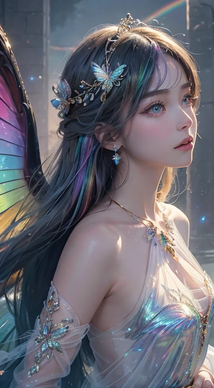 (((masterpiece))), (((best quality))), ((ultra-detailed)),(highly detailed CG illustration), ((an extremely delicate and beautiful)),cinematic light, Create a stunning fantasy artwork that mimics the style of currently trending masters of the genre. The art piece should contain elements of both mythic fantasy and fairytale fantasy with dreamy rainbow accents. ((Utilize the rainbow as the main color scheme.)) The character in the artwork is a delicate but strong figure with an aura of mystery and magic and (beautiful translucent rainbow wings). Pay close attention to intricate facial features, such as mesmerizing eyes with vibrant colors and bold shading. The character's clothing should be designed with gossamer feathers, silk, stunning embroidery, and subtle iridescent details. Incorporate (((translucent rainbows))), dreamy colors, dynamic lighting, and detailed background elements to create a sense of awe and immersion. Include colorful flying magical birds and jewel-toned rainbow butterflies radiating a magical aura. Consider the latest trends in fantasy art, such as incorporating unique lighting effects, exploring dynamic and compelling composition techniques, and experimenting with unique color palettes. Take inspiration from the top artists on ArtStation and Midjourney. Camera: Choose an angle that highlights the character's beauty and enhances the magical majesty of the artwork. Lighting: Utilize atmospheric lighting techniques to create depth and mood. Resolution: Aim for a high-resolution artwork to showcase intricate details and clarity. Art Inspirations: Seek inspiration from the trending artists on ArtStation, exploring different styles, genres, and themes.