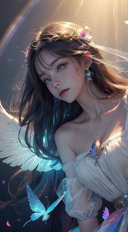 (((masterpiece))), (((best quality))), ((ultra-detailed)),(highly detailed CG illustration), ((an extremely delicate and beautiful)),cinematic light, Create a stunning fantasy artwork that mimics the style of currently trending masters of the genre. The art piece should contain elements of both mythic fantasy and fairytale fantasy with dreamy rainbow accents. ((Utilize the rainbow as the main color scheme.)) The character in the artwork is a delicate but strong figure with an aura of mystery and magic and (beautiful translucent rainbow wings). Pay close attention to intricate facial features, such as mesmerizing eyes with vibrant colors and bold shading. The character's clothing should be designed with gossamer feathers, silk, stunning embroidery, and subtle iridescent details. Incorporate (((translucent rainbows))), dreamy colors, dynamic lighting, and detailed background elements to create a sense of awe and immersion. Include colorful flying magical birds and jewel-toned rainbow butterflies radiating a magical aura. Consider the latest trends in fantasy art, such as incorporating unique lighting effects, exploring dynamic and compelling composition techniques, and experimenting with unique color palettes. Take inspiration from the top artists on ArtStation and Midjourney. Camera: Choose an angle that highlights the character's beauty and enhances the magical majesty of the artwork. Lighting: Utilize atmospheric lighting techniques to create depth and mood. Resolution: Aim for a high-resolution artwork to showcase intricate details and clarity. Art Inspirations: Seek inspiration from the trending artists on ArtStation, exploring different styles, genres, and themes.