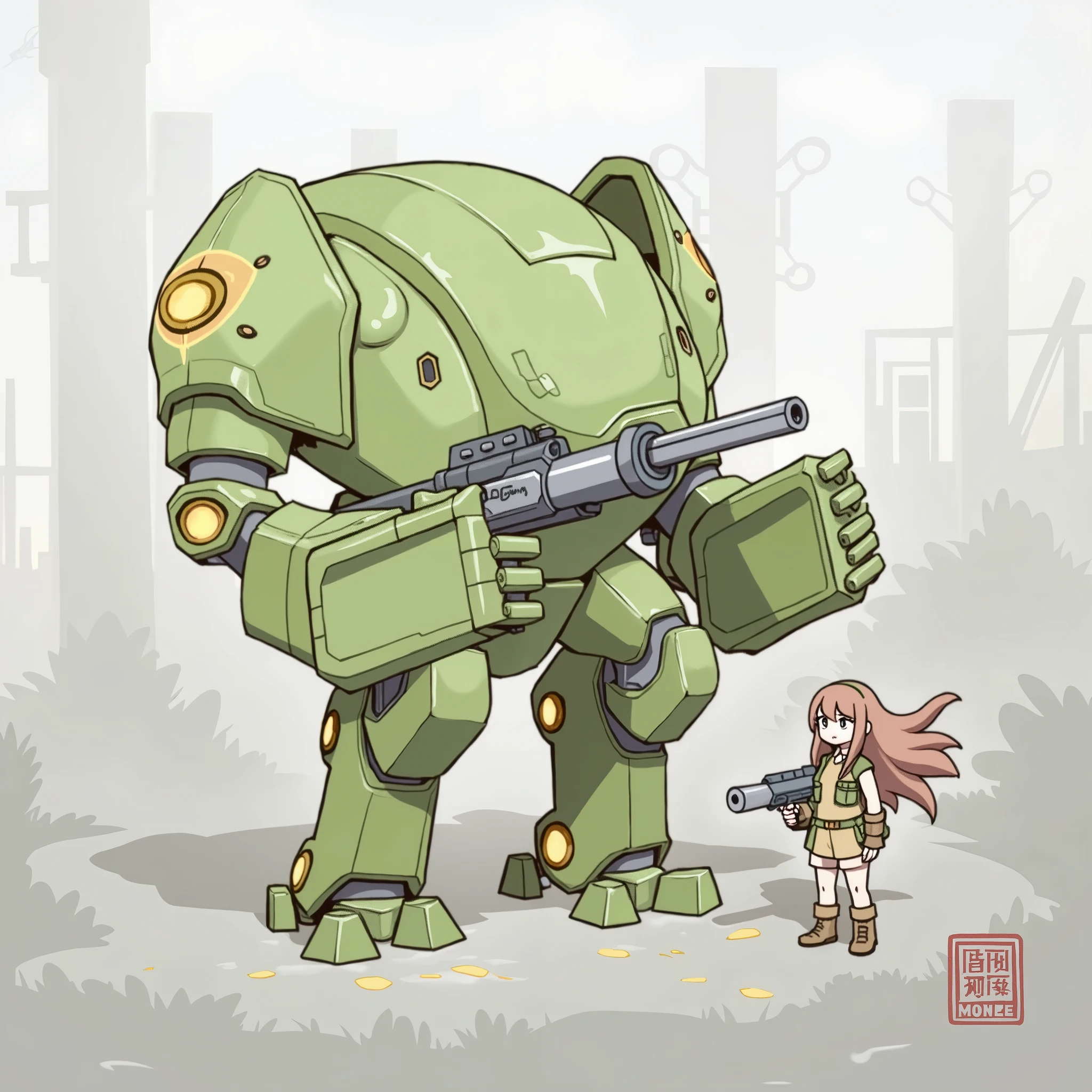 there is a girl with brown hair in millitary uniform holding heavy rilfe standing next to green mech robot with gun, metal gear mech, mecha animal, holding, standing, weapon, holding weapon, character name, gun, 1 humans, 1 robot, traditional media, robot, holding gun, mecha,