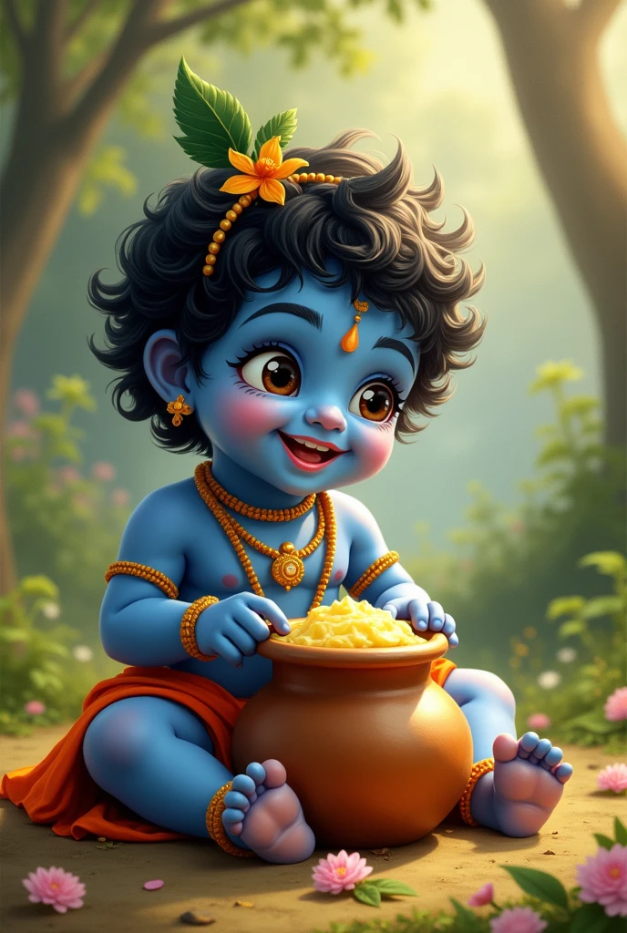 Shri krishna small in blue eating makhan from pot and smiling