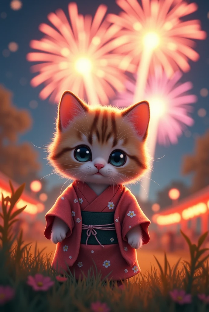 kitten cute yukata clothing Fireworks scenery Real