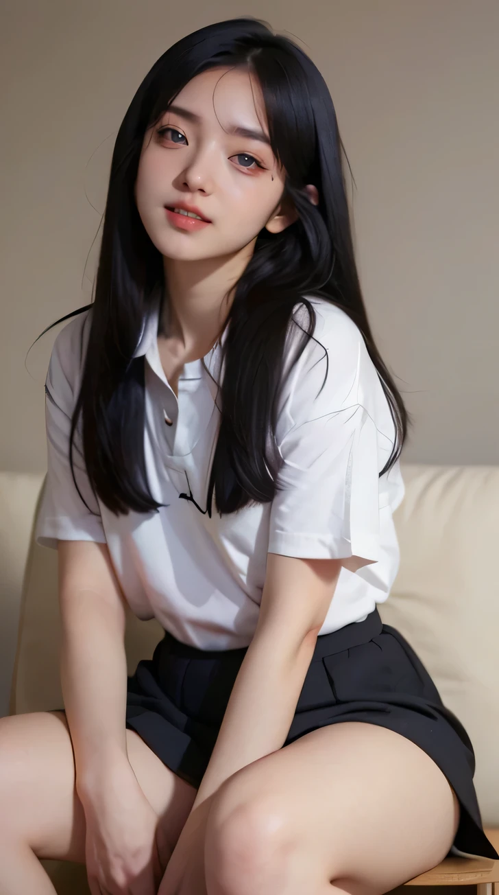 shot from below, 1girl, big breaast, white skin, long black hair, korean, young, bright blue eyes, thick eyebrows, freckles on skin, head tilted, one ear out, smiling, teeth out, school uniform, small waist, wide thighs, wide thigh gap, sitting, hyper-realistic, high detail, 8k, masterpiece